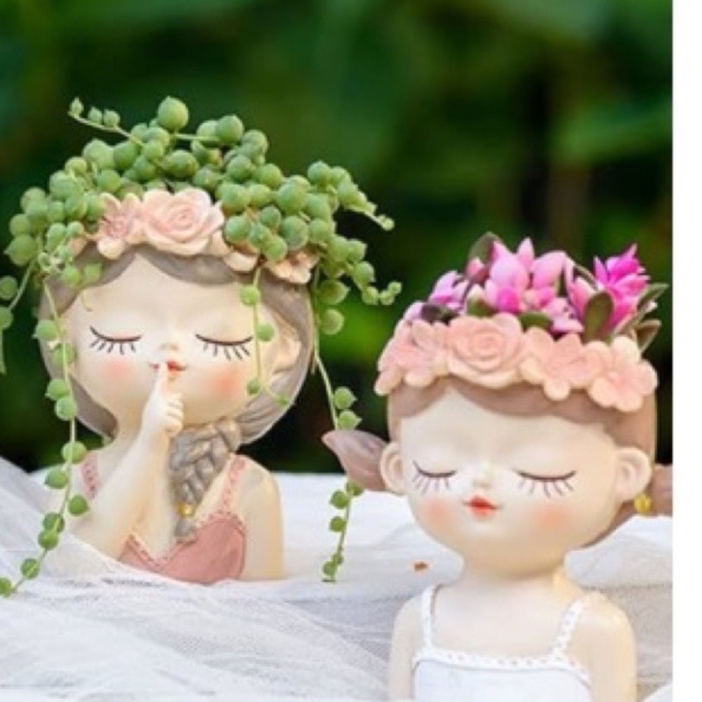 Set2 Sweet Girl Planter Pot With Drainage Hole, Cute Girl Flower Pot Mini Resin